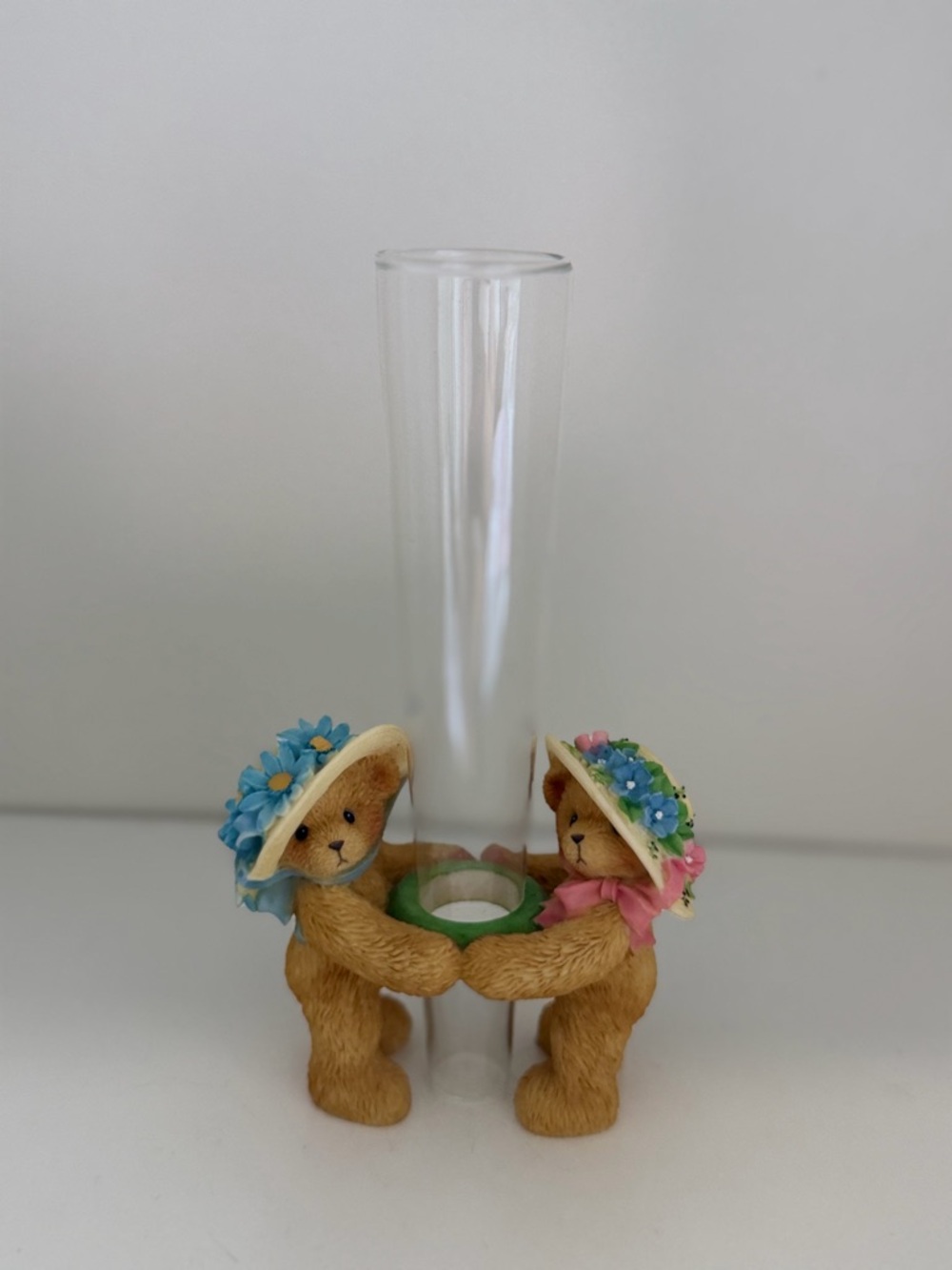 Cherished Teddies Tan Bears Floral Hat Bud Vase with Blue and Pink Accents